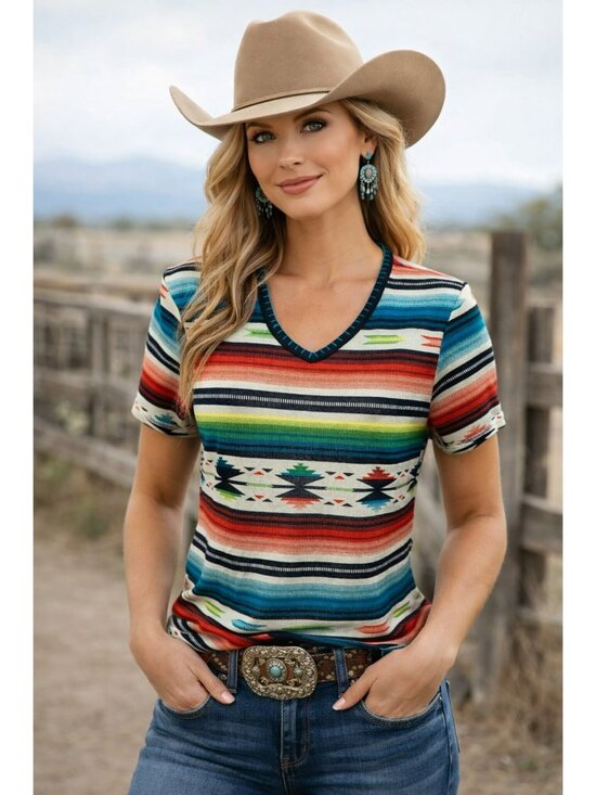 Double D Ranch Tops - Double D Ranch Serape Womens Small V-Neck Aztec Print Short Sleeve Top – Multico